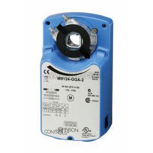 Blue rectangular actuator with black circular shaft clamp and printed data label on the front