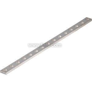 Flat metal bar with series of evenly spaced holes for electrical connectors