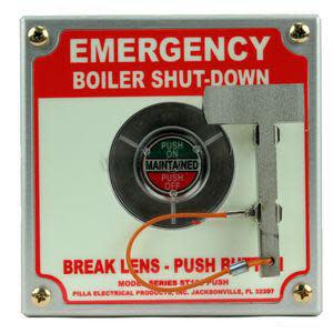 Metal box with glass front exposing a red button and instructions to break glass.