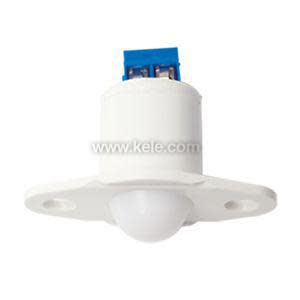 Compact white sensor with a rounded dome lens on a flat base with two screw holes and a blue connector on top.