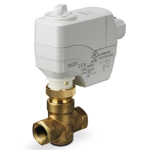 Brass ball valve with an attached black rectangular actuator and wires