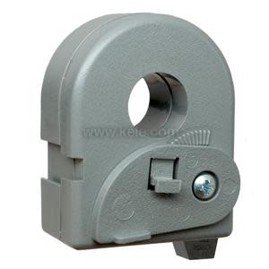 Gray plastic current sensor with round opening and a hinged latch secured by a screw.