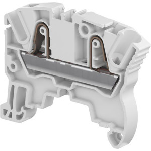 White plastic terminal block with internal metal spring clamp exposed, designed for mounting on a rail