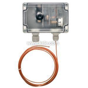 Square blue-grey box with transparent lid and long coiled copper capillary