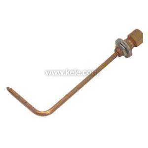 Copper rod bent at right angle with threaded brass fitting and washer on one end.