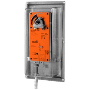 Metallic wall enclosure with clear cover housing an orange actuator inside, showing clamp and printed scale.
