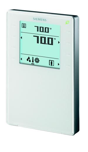 Slim white Siemens thermostat with a rectangular green display showing indoor temperature of 70.0°F and various small icons beneath