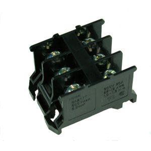 Small black plastic block with screw terminals and sliding contacts