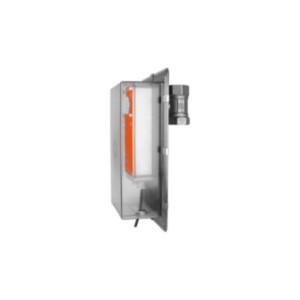 Metal rectangular box with hinged door open revealing an orange actuator inside and external conduit connector.