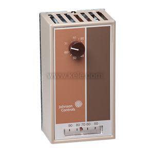 Beige thermostat with rotary knob.