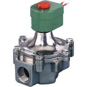 Shiny metal valve with a green rectangular solenoid coil and red cap.