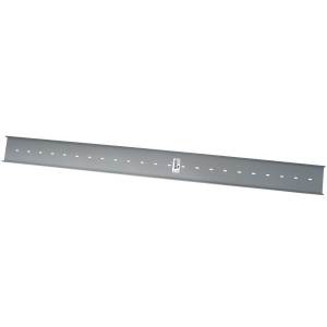 Long grey strip of metal with evenly spaced oblong holes down the center for mounting electrical devices