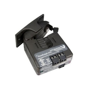 Black digital current sensor with a hinged clamp for surrounding a conductor, featuring a small terminal block and a status LED.