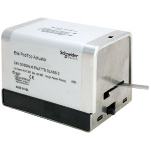 Small silver cube-shaped actuator with protruding metal lever and printed label reading Erie PopTop Actuator.