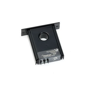 Rectangular black device with a round opening through its center, a flat tab for mounting and three small screws for electrical connections on the bottom.