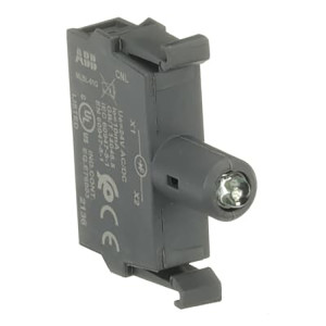 Tiny dark grey module with a side‑mounted screw clamp and certification markings printed on the surface