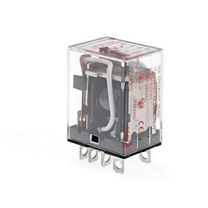Clear cube relay with white coil and terminals.