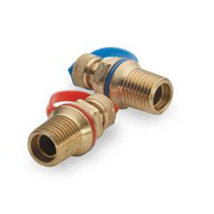 Two small brass fittings with threaded ends and colored rubber caps—one red and one blue—used for system pressure testing.