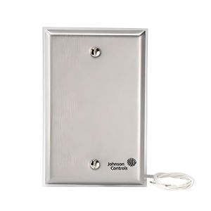 Rectangular stainless plate with two tamper‑resistant screws and a short white cable exiting from the bottom, labeled Johnson Controls