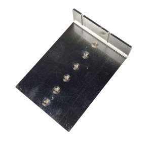 Rectangular metal bracket featuring a row of evenly spaced holes and an angled lip along one edge