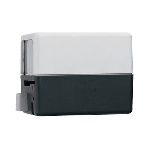 Blocky actuator with white upper section and dark grey lower section used to drive zone valves.