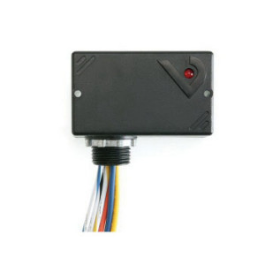 A small black rectangular device with a tiny red light and a bunch of colored wires emerging from a threaded connector at the bottom.