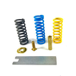 Coiled spring and metal bracket components displayed on a white background