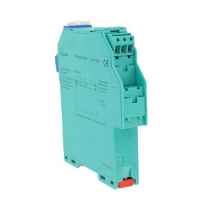 Thin turquoise DIN rail module with multiple spring clamp terminals and printed specifications on the side
