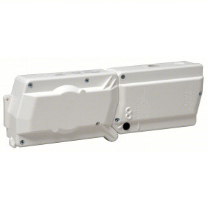 Long white two-section duct detector enclosure with mounting screws and port openings.