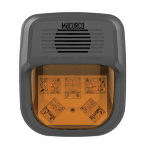 Dark grey alarm device with an orange translucent lower half showing multiple light modules and a set of slotted vents above for sound.
