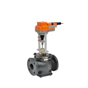 Large flanged globe valve with orange actuator