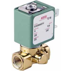 A compact brass solenoid valve with a green rectangular coil on the top.