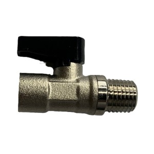 Small brass valve with a lever handle and threaded ends