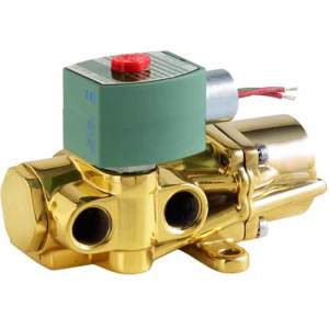 Shiny brass poppet valve with two circular ports, topped by a green rectangular solenoid housing with a red button and small wire leads.