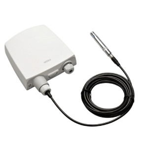 White rectangular box with two cable glands and a long black cable leading to a slender metal probe