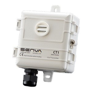White box-shaped CO2 sensor with horizontal vent and black cable connector at bottom