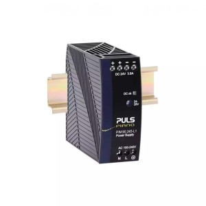 Compact dark blue Puls DIN‑rail power supply with fins, screw terminals and LEDs.