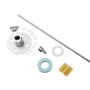 An assortment of mounting hardware including a round metal flange with multiple holes, a long thin rod, washers, small screws, and a clip
