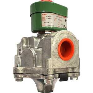 A robust metal gas valve featuring a large orange circular port and a green solenoid coil assembly on top.