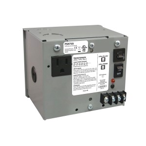 Grey metal RIB PSH75A enclosure with one outlet, two labeled switches and terminal block.