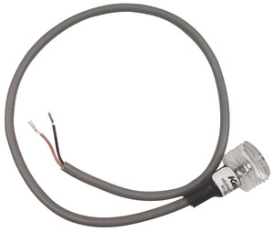 Grey cable with small threaded metal sensor at one end and two exposed colored wire leads at the other.