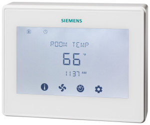 White wall-mounted thermostat with a digital screen reading room temperature of 66 degrees Fahrenheit and icons for fan, timer and settings.