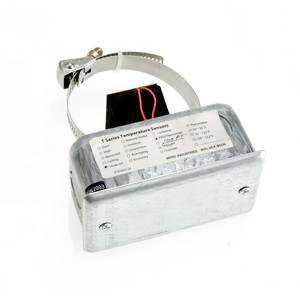 A temperature sensor assembly with a metal strap clamp for mounting on a pipe and a small rectangular housing labeled with sensor specifications