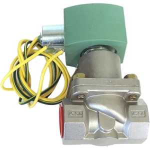 Metal solenoid valve with a green electrical coil and colored wires attached on a silver valve body.
