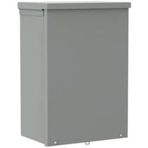 Tall rectangular grey metal box with a slanted top lip and a smooth front door panel