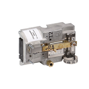 Exposed silver pneumatic thermostat body with brass lever marked RA and a round temperature dial graduated 60 to 75°F.