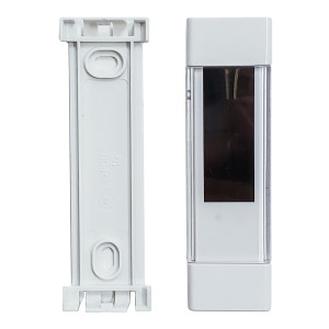Two-piece white plastic device; one shows the back with mounting slots, the other shows a dark rectangular window on the front