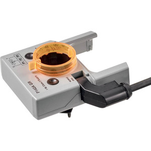 A grey Belimo device with a translucent orange ring and an attached black cable.