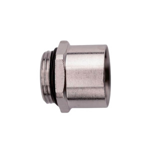 Short cylindrical metal adapter with male threads, rubber O‑ring and hex shoulder