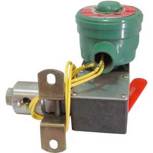 Industrial valve with a green cylindrical coil housing, yellow wires and a red manual lever on a metal base